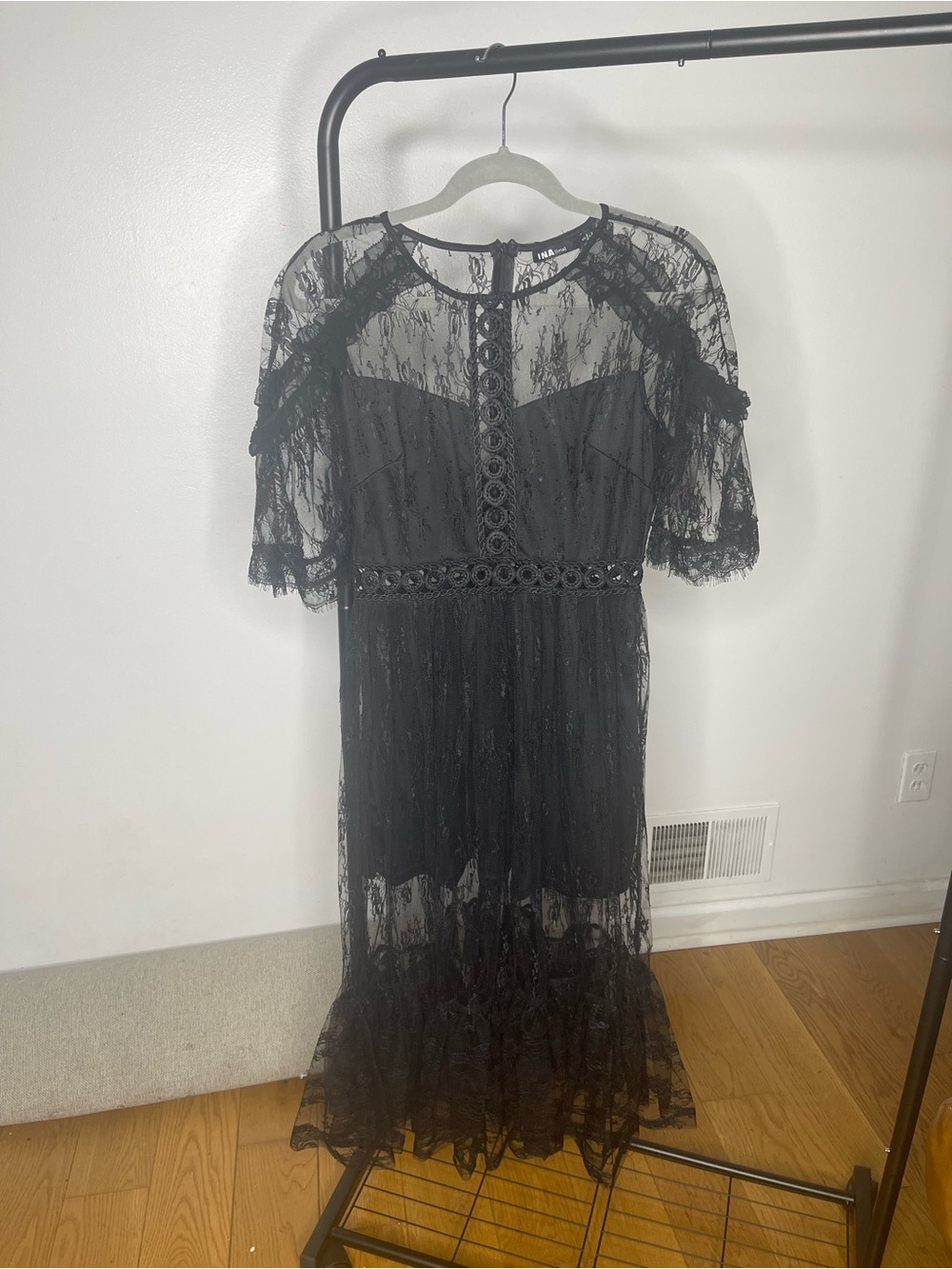 Ina Black Lace Midi Dress with Sheer Lace Overlay